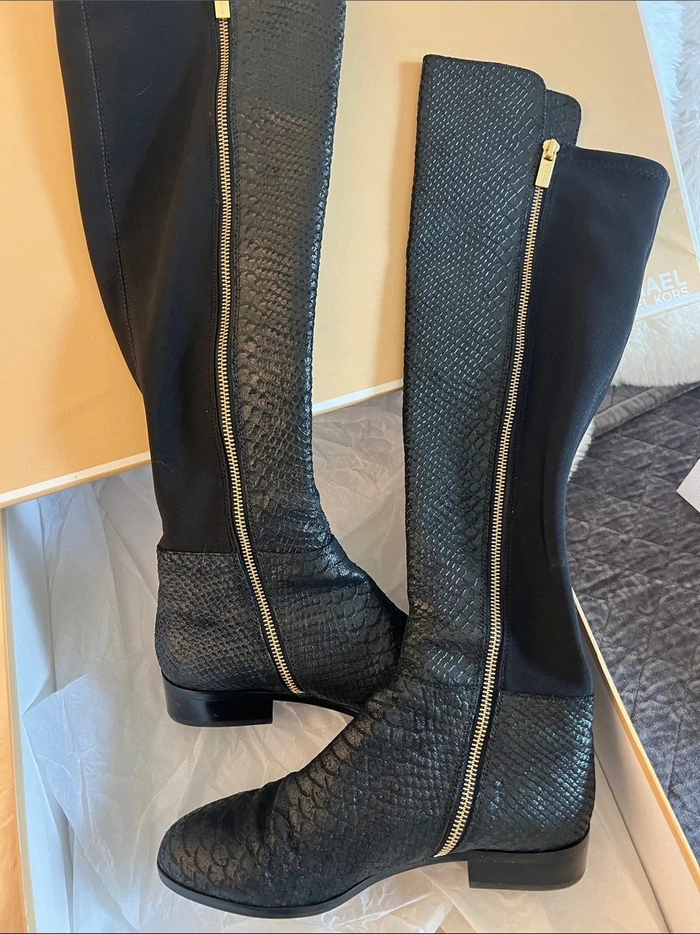 Michael Kors Bromley Flat Distressed Embossed Leather Zip Boots, Women’s 8M